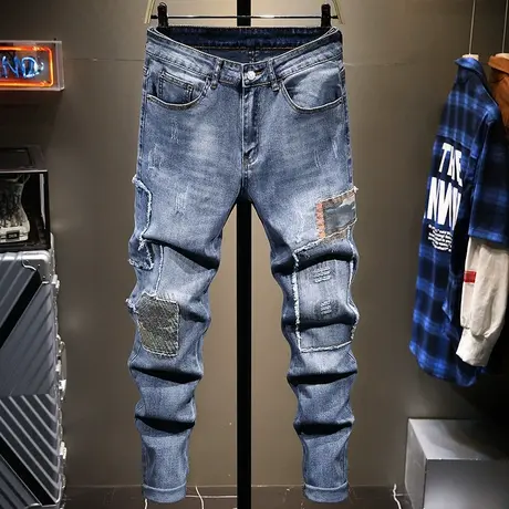 秋季潮牌复古做旧牛仔裤男补丁修身小脚男士长裤子破洞乞丐裤学生商品大图