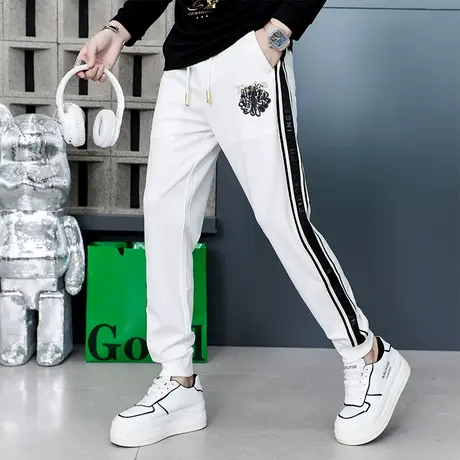 刺绣潮牌束脚裤男士秋季帅气个性欧版高端抽绳松紧休闲小脚长裤子商品大图