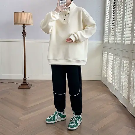 男士高领卫衣套装秋冬款奥粒绒套头上衣卫裤青少年帅气搭配两件套商品大图