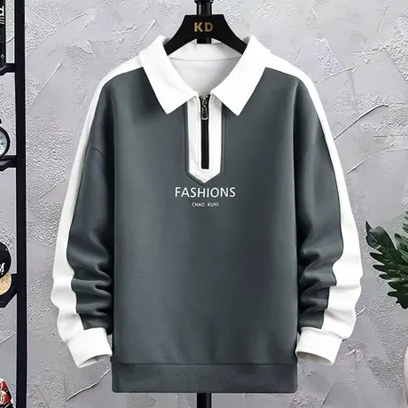 半拉链卫衣男士春秋季新款宽松拼接长袖Polo衫潮牌印花翻领打底衫商品大图