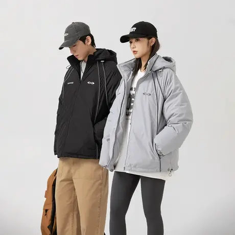 国潮情侣装连帽保暖棉服女冬季加厚外套2023新款复古宽松拼接棉衣商品大图