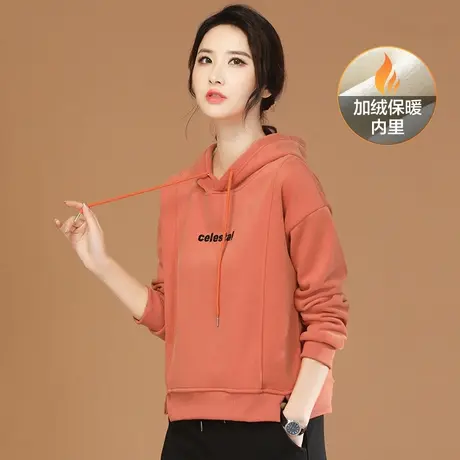 韩潮袭人美式连帽字母加绒卫衣女冬季新款宽松套头保暖上衣厚图片