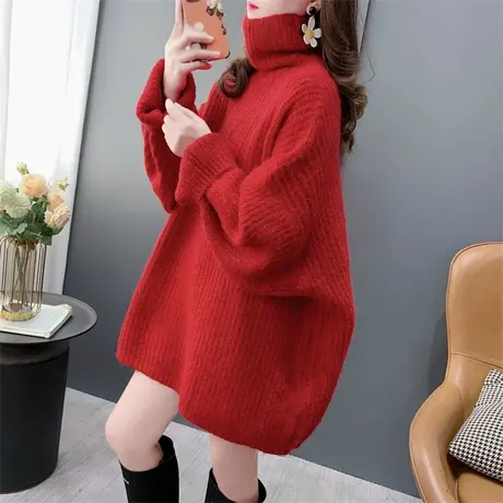 今年流行加厚红色高领毛衣女套头2023秋冬新款宽松百搭针织衫上衣商品大图