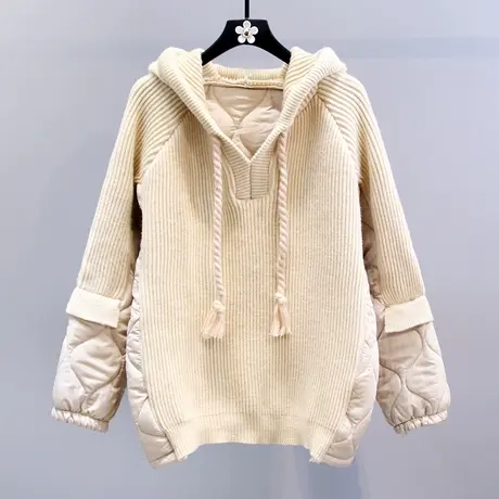 棉服拼接连帽毛衣女秋冬2023新款宽松慵懒风设计感加厚外穿针织衫图片
