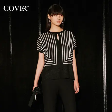 COVER秋季金葱条纹光泽感镂空上衣图片
