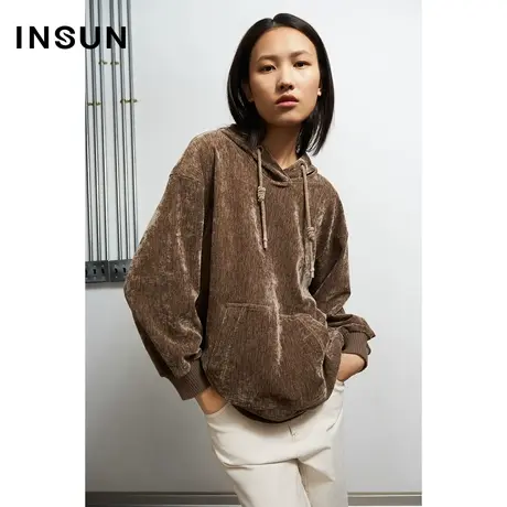 恩裳秋季肌理感抽绳连帽套头卫衣上衣图片