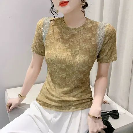 时尚圆领烫钻T恤女短袖欧货设计感小众印花上衣气质减龄修身小衫商品大图