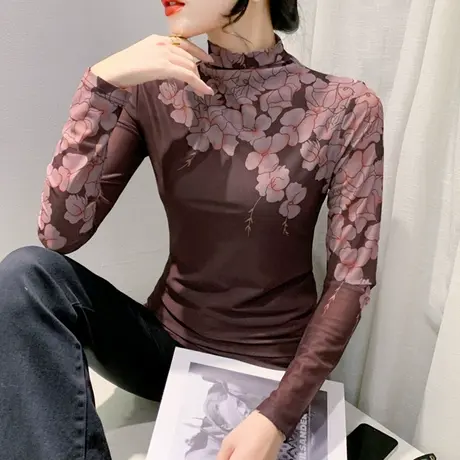 时尚半高领网纱T恤女长袖气质减龄扎染印花上衣加绒加厚打底衫潮商品大图