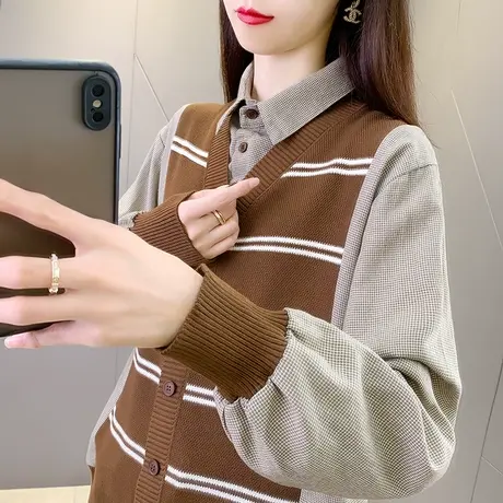2023新款秋装拼接假两件针织衫毛衣韩版洋气外穿条纹Polo领上衣女商品大图