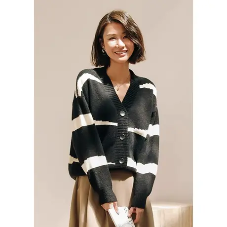 弥古黑色毛衣开衫女春秋外穿慵懒高级感v领针织上衣秋冬条纹外套商品大图