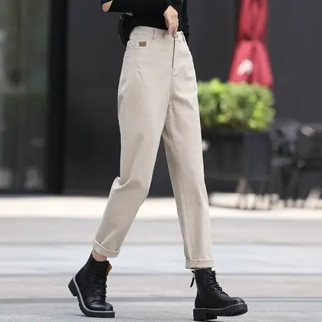 米白色裤子女2024新款老爹哈伦裤加绒女裤休闲裤萝卜春秋季小个子图片