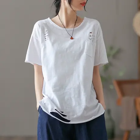 dza文艺复古薄款破洞短袖t恤女士夏季体恤短款上衣纯棉宽松打底衫商品大图
