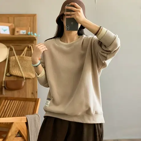 dza 复古毛线双领假两件加绒卫衣女秋冬新款长袖外套短款宽松上衣图片