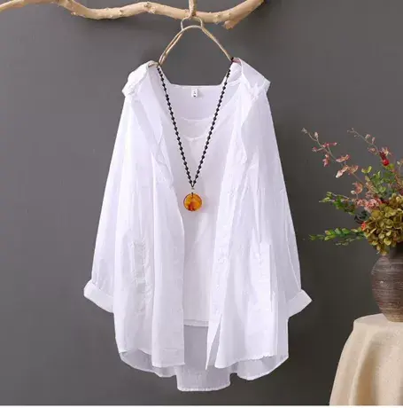 2024新款春夏防晒衣外套衬衫防晒衫女中长款薄款上衣宽松连帽衬衣图片