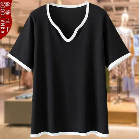 中年妈妈夏装针织小衫桃心领短袖上衣加肥加大码女装纯色冰丝T恤商品大图