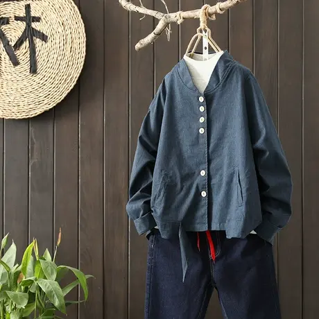 枫谜2020年秋装新款文艺复古纯棉立领外套女宽松显瘦短款夹克上衣图片