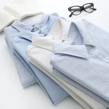 春秋季韩版条纹长袖女衬衣修身百搭纯棉牛津纺基础款工作打底衬衫商品大图