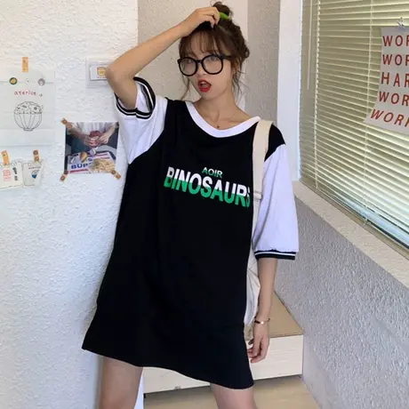 网红ins超火短袖t恤女夏宽松韩版原宿bf风港味chic假两件上衣服潮商品大图