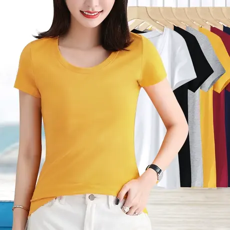 圆领纯色t恤女正肩短袖2024新款内搭打底衫简约修身显瘦纯棉上衣商品大图