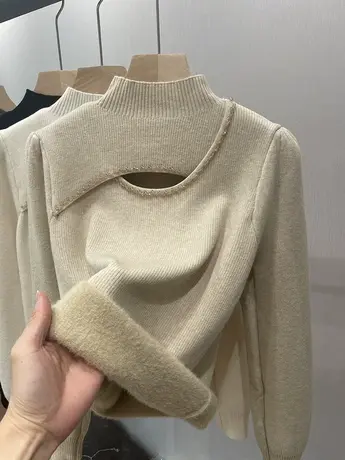 半高领打底衫女冬内搭洋气加厚保暖毛衣加绒一体绒设计感小众上衣商品大图