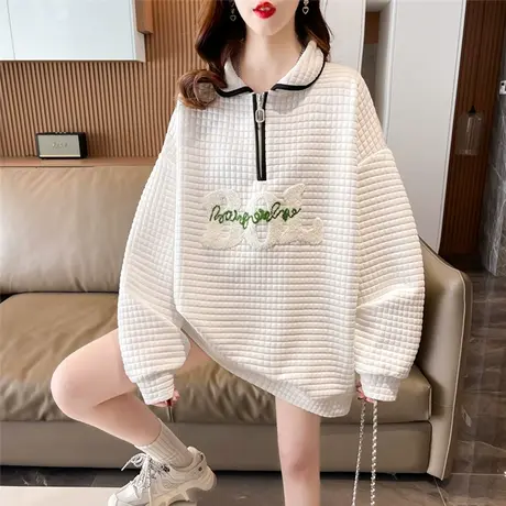 华夫格卫衣女春秋韩版宽松大码薄款早春中长款翻领polo衫上衣外套商品大图