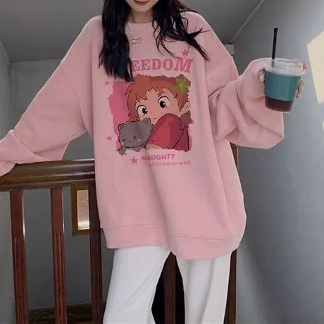 山东即墨加绒女装卫衣2023新款多巴胺秋冬上衣ins潮大码粉色外套商品大图