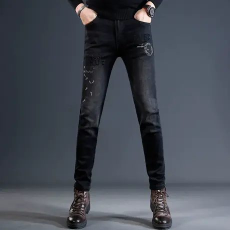 高端黑色牛仔裤男2023秋冬新款刺绣烫钻修身小脚时尚潮流弹力裤子商品大图