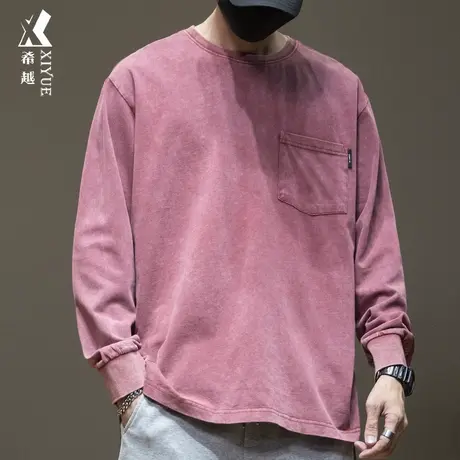 希越冬季砖红色长袖t恤男休闲男士纯棉卫衣宽松大码套头打底衫潮商品大图