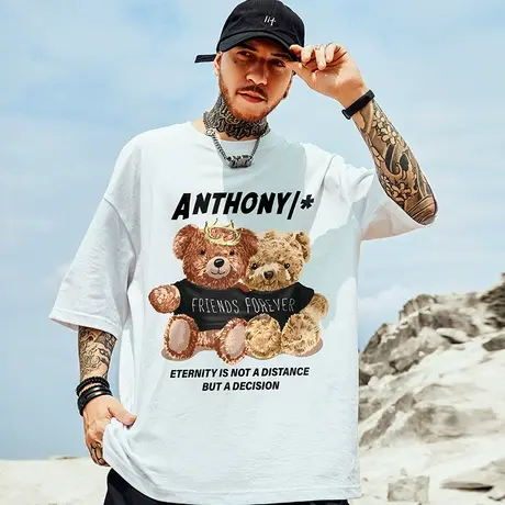 小熊T恤男生ins潮牌短袖宽松纯棉印花半袖男潮大码体恤情侣装衣服商品大图