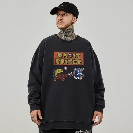 加肥加大码圆领美式重磅复古胖子男装宽松卫衣加绒春秋款秋冬外套商品大图