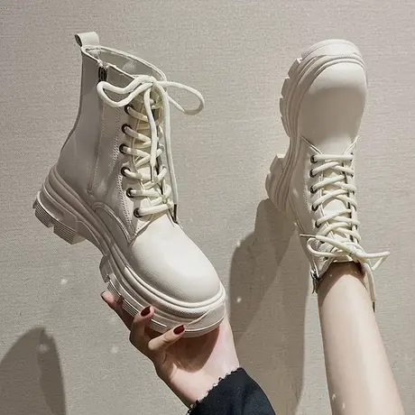 厚底白色加绒马丁靴女2023年秋季新款瘦瘦靴单靴增高欧货爆款短靴图片