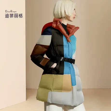 迪菲丽格小众设计感拼色羽绒服女2023新款冬季系带收腰中长款外套商品大图