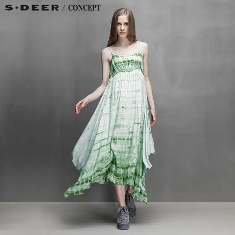 sdeer圣迪奥专柜正品女装夏装绿调抽象印花吊带连衣裙5281253图片