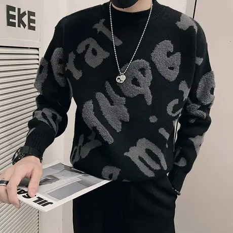潮牌宽松字母提花毛衣男秋冬2023新款个性加厚打底线衣针织衫商品大图