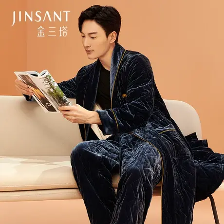 金三塔丝绒夹棉睡袍 秋冬保暖100%桑蚕丝填充刺绣加厚家居服男商品大图
