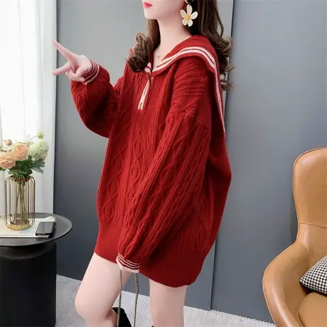 学院风海军领红色新年毛衣女秋冬2023年新款宽松洋气减龄针织上衣商品大图