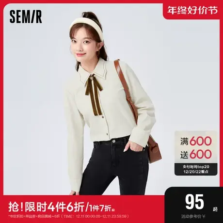 森马长袖衬衫女灯芯绒宽松上衣复古冬季优雅气质领结衬衣法式小众图片