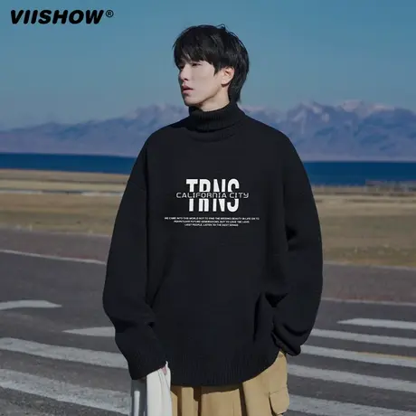 VIISHOW秋冬款加绒加厚高领针织衫男士港风字母毛衣韩版潮流宽松商品大图