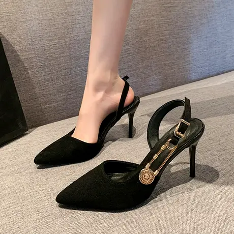 2024春季新款尖头细跟法式气质水钻高跟鞋女黑色金属一字带扣单鞋商品大图