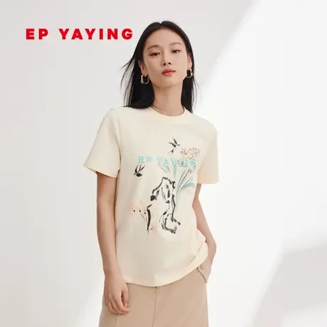 EP YAYING雅莹女装 棉质3A抑菌圆领短袖T恤 2024春装新款图片