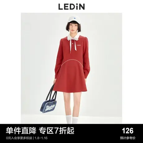 乐町甜美A摆连衣裙春季女复古运动小个子长袖红色裙子商品大图
