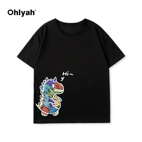 Ohlyah春夏新款彩色涂鸦恐龙纯棉无性别小众潮牌男女宽松短袖T恤图片