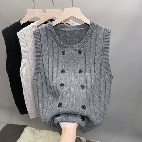 2024新款马甲圆领纯色针织背心女坎肩上衣春秋造型感叠穿无袖开衫图片