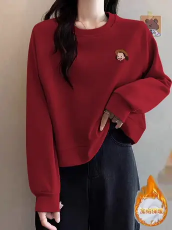 韩版日系加绒加厚短款秋冬季本命年宽松简约卫衣2024重磅酒红色女商品大图