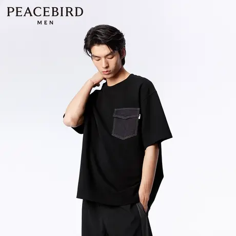 【商场同款】太平鸟男装 潮流牛仔口袋拼接短袖T恤男B2CNE1Z09商品大图