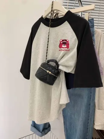 复古chic风插肩袖T恤女纯棉大码情侣短袖潮ins百搭小众撞色上衣夏商品大图