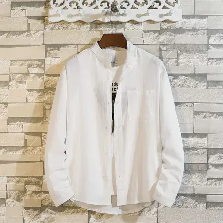 白色亚麻男士长袖衬衫透气青年麻料棉麻衬衣上衣韩版潮流帅气E图片