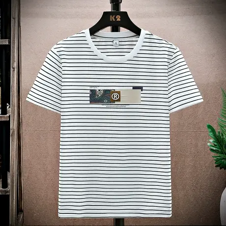 刺绣T恤男士夏季短袖圆领t恤休闲纯棉保罗条纹polo衫青年打底衫潮商品大图