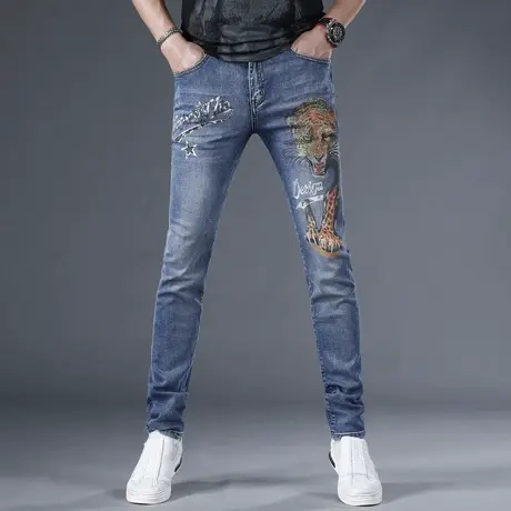 高端烫钻牛仔裤男款春夏季2024新款修身小脚薄款弹力印花男士裤子商品大图