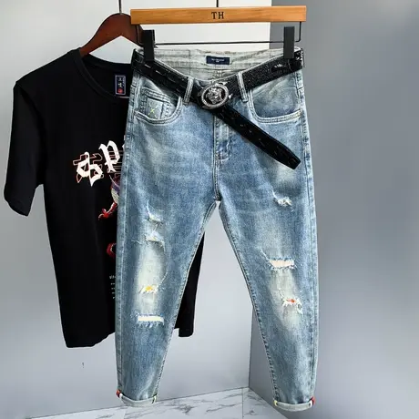 夏季日系复古潮牌破洞牛仔裤男小脚浅色男士休闲长裤子男宽松百搭商品大图